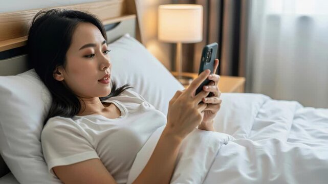 Woman Browsing Phone in Bed: A young woman with an engaged expression lies comfortably in bed, engrossed in her smartphone, illuminated by the soft ambient light of a bedside lamp.