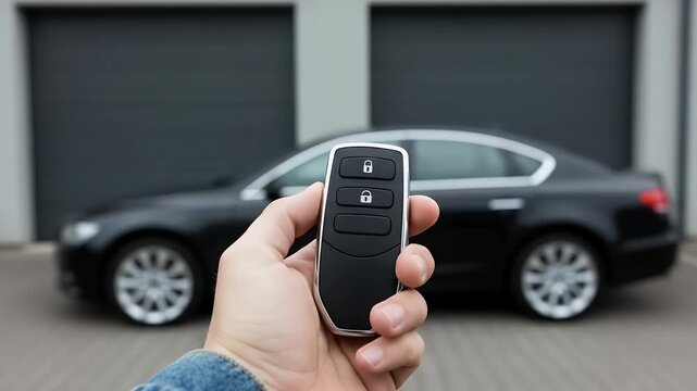 A human hand holding a modern black car remote key fob with a blurred vehicle visible in the background ready to unlock or start the engine