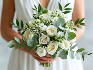 Obraz premium Bride holds a bouquet of white roses and greenery in a light setting during a wedding ceremony