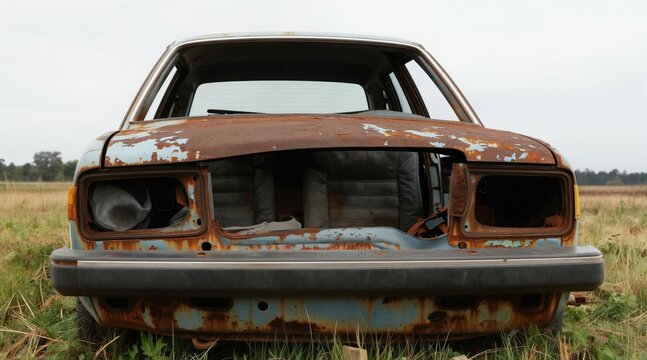 Old rusty car sits abandoned in grassy field. Vehicle shows significant decay with missing parts, weathered surfaces. Interior torn, rusted, hinting at past use, neglect. Nature reclaiming forgotten