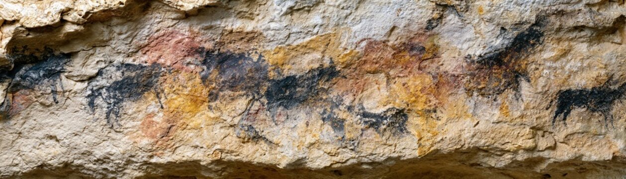 Close up of vibrant ancient cave paintings at lascaux showing animal figures and ochre pigments