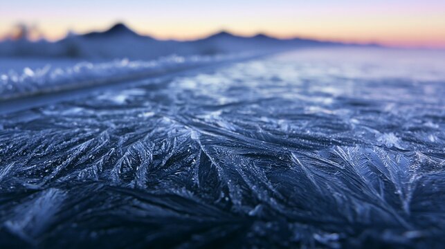 Macroinspired medium shot showcasing detailed ice patterns on solar panel with a faint silhouette of nearby ridges at dawn emphasizing cool tones and textured clarity