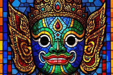 Obraz premium Vibrant Thai mask illustration, geometric patterns, bold colors. Stained glass art style, intricate details, cultural representation, abstract design. Festive, decorative, jewel tones, traditional