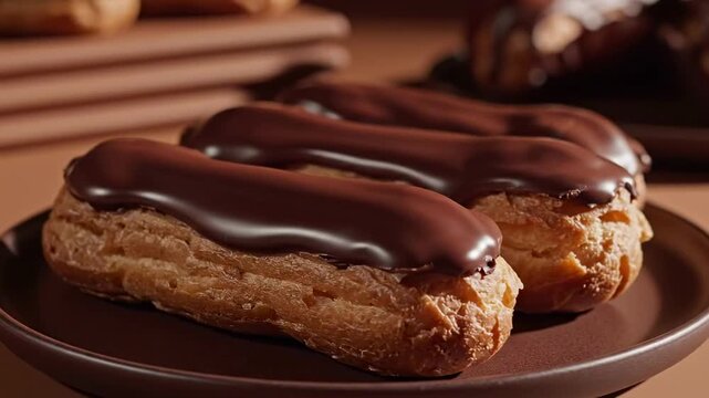 Chocolate eclair glaze shining on twin golden choux pastries over a warm brown plate, soft patisserie shadows, rich dark topping, crisp shell texture, intimate bakery mood with layered depth