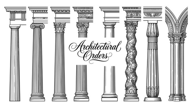 Collection of Classical Architectural Columns and Orders, Vintage Engraving Style Vector Illustration of Doric, Ionic, Corinthian, and Decorative Pillars for Ancient Greek and Roman Design