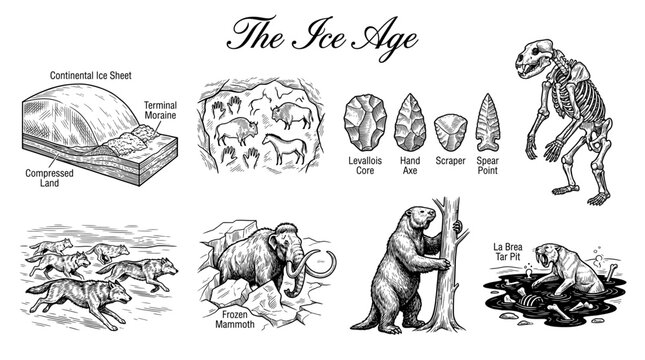 Vintage Ice Age Engraving Set: Prehistoric Animals, Mammoth, Cave Paintings, and Paleolithic Stone Tools Illustrations