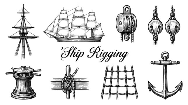 Vintage Ship Rigging and Nautical Elements Set, Hand-Drawn Engraving Style Illustration of Sailing Vessel, Mast, Anchor, Capstan, and Ropes for Marine Design