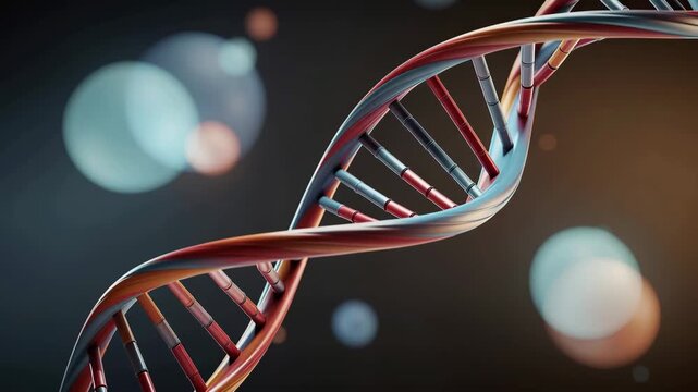 Dynamic 3D animation of colorful DNA double helix twisting with glowing particles illustrating genetic complexity