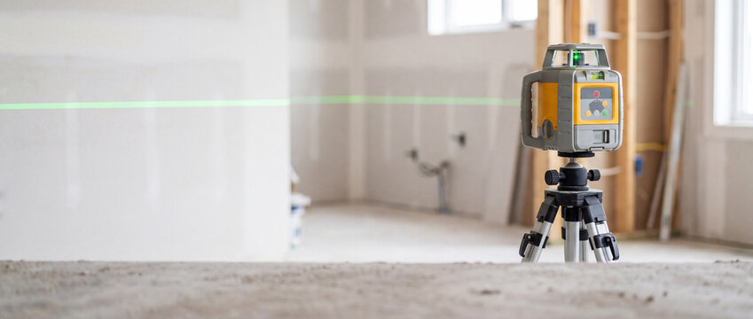 Laser level on tripod in interior renovation site with green beam for construction leveling