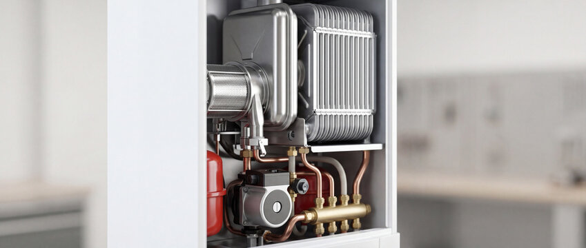 Modern domestic boiler interior with copper pipes circulation pump and heat exchanger for home heating system maintenance