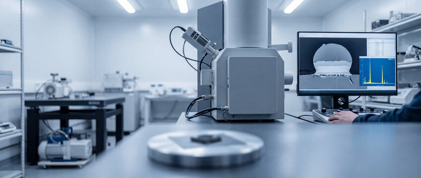 Scientist operating a scanning electron microscope, viewing a high-resolution SEM image on a monitor while analyzing material microstructure