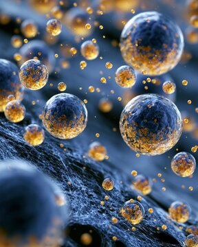 Scientific ultramacro photography capturing drifting lipid vesicles suspended over textured membrane fragments illuminated by bright even lighting that enhances the translucent