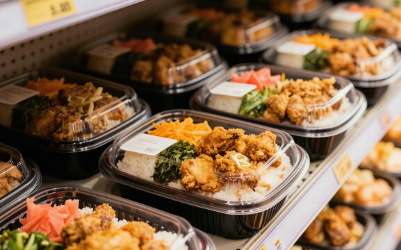 Ready to eat bento meals arranged on shelf in supermarket cooler. Various take away lunch boxes contain rice meat and vegetables. Customers choose prepackaged fast food.