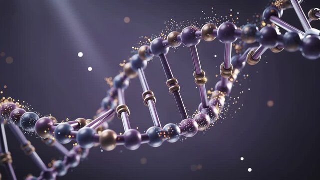 Futuristic glowing DNA double helix animation with sparkling particles in dark space showcasing genetic complexity
