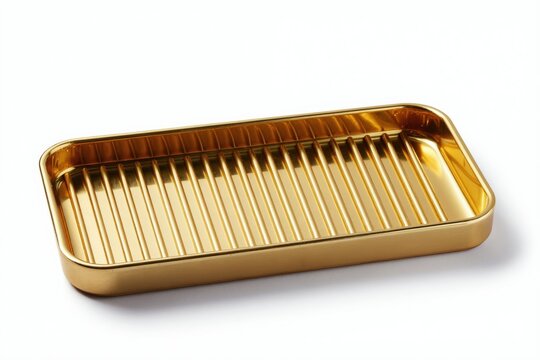 Shiny gold rectangular tray with raised parallel bars. Useful for bathroom kitchen organiser holder accessory for home decor. Stylish luxury metal surface detail.