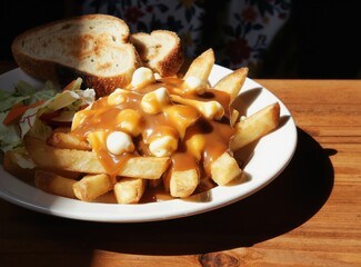 Naklejka premium Hearty poutine dish with french fries cheese curds brown gravy and a side salad. Crusty bread slices complement this Canadian comfort food on wooden table.