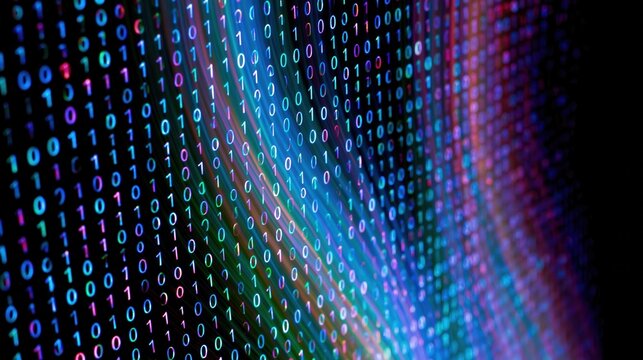 Abstract Digital Binary Code Stream on Black Background, Futuristic Technology Data Flow for Cybersecurity, AI, Machine Learning, and Big Data Concepts
