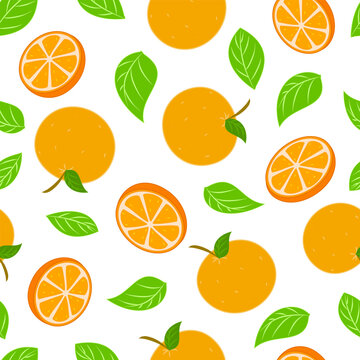 orange fruit pattern with orange slice and leafs. seamless background for printing and decorative materials.