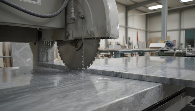 Close-up of industrial rock saw cutting slab of grey marble in a manufacturing factory for modern construction material production concept