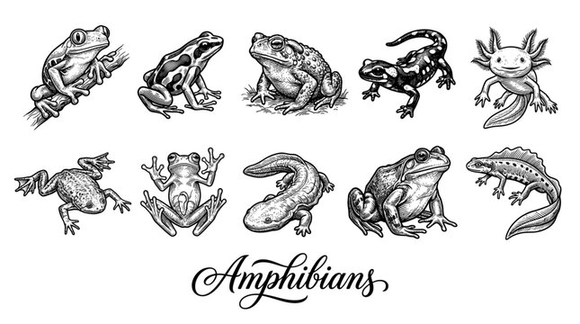 Vintage Engraving Style Amphibians Collection Featuring Frogs, Toads, Salamanders, Axolotl and Newts, Hand Drawn Vector Illustration Isolated on White Background