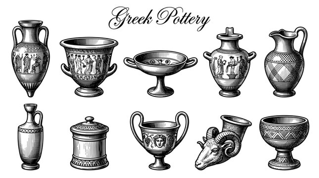Ancient Greek Pottery Collection Vector Illustration, Hand Drawn Engraving Style Set of Classical Vases Amphorae and Ceremonial Vessels
