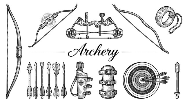 Archery equipment collection vector illustration with various bows, arrows, quiver, and target in vintage engraving style