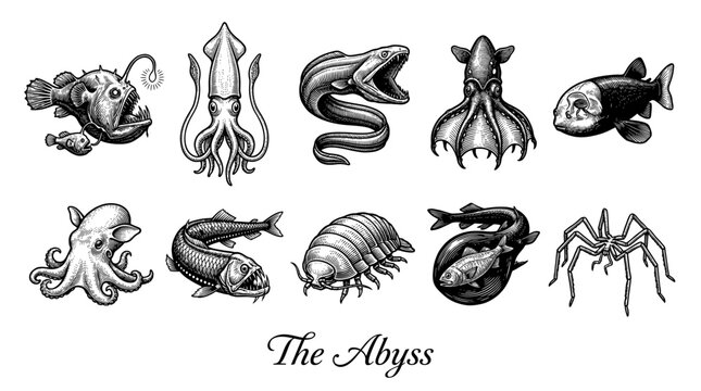 Vintage Engraving Style Deep Sea Creatures Collection Vector Illustration Set Featuring Anglerfish, Giant Squid, Viperfish, and Dumbo Octopus Isolated on White Background