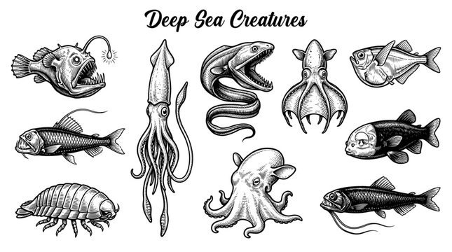 Vintage Engraving Deep Sea Creatures Vector Illustration Set featuring Anglerfish, Giant Squid, Octopus, and Moray Eel