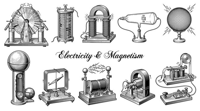 Vintage Scientific Apparatus Collection for Electricity and Magnetism Experiments, Engraving Style Vector Illustration of Physics Instruments
