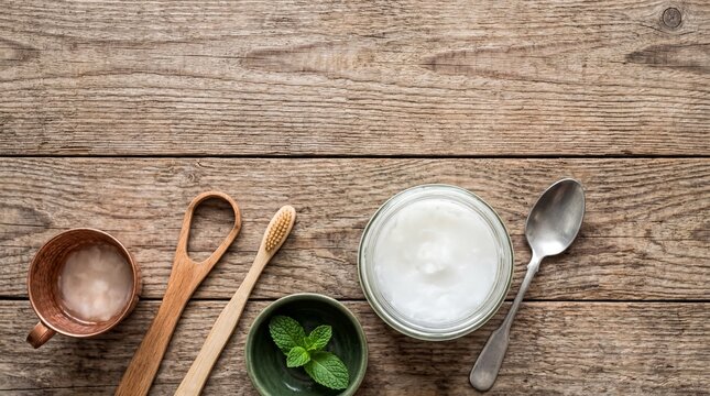 natural wellness routine, coconut oil and a copper spoon arranged on a wooden surface for oil pulling