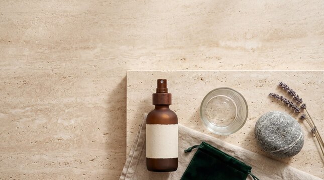 wellness products, a serene flat lay featuring magnesium spray, a glass, and smooth stones