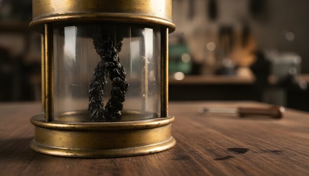 Vintage brass safety lamp with a burnt wick sitting on a rustic wooden workshop table, illustrating historical industrial mining technology concept with close-up detail