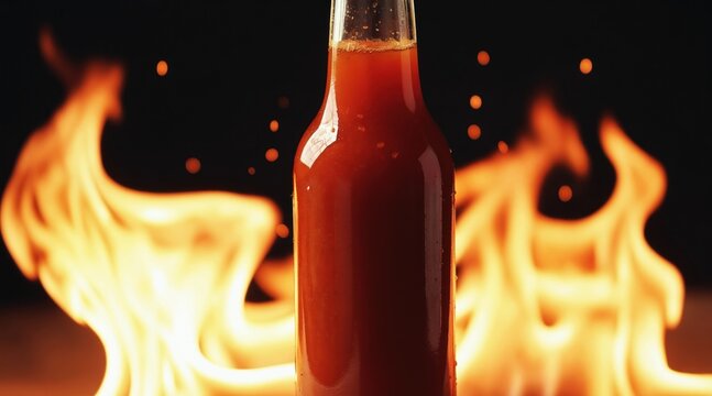 Glass bottle with red sauce sits amidst roaring flames. Sparks and bokeh add to the intense, fiery atmosphere. Perfect for food blogs, recipes, or spice ads.