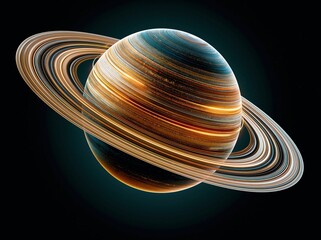 Obraz premium Close look at a planet with rings in space showing bright colors and distinct bands of swirling patterns