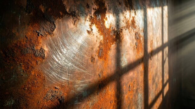 Scratched copper metal texture with window light and shadow overlay