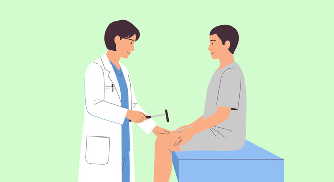 Doctor examining patient's reflexes with reflex hammer in a clinic