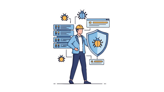 IT Specialist Protecting Server Data from Software Bugs and Malware with a Shield; Cybersecurity and Quality Assurance Vector Illustration Concept