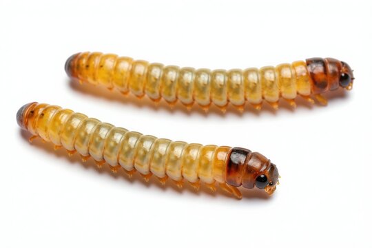 Two wireworm larvae appear on plain white background. These yellowish segmented insects have dark heads, appear to be crawling. They are potential agricultural pests. Scientists use them in research.
