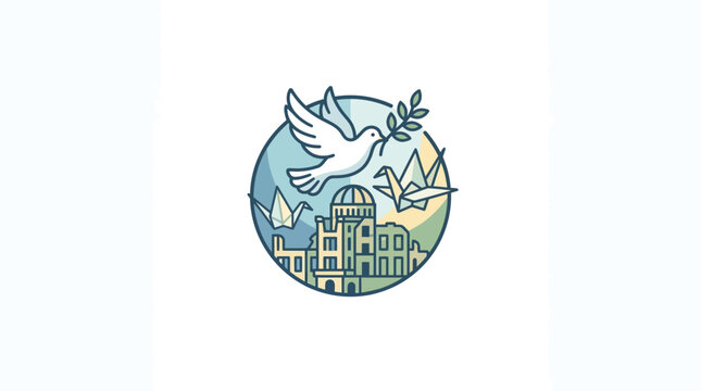 Hiroshima Peace Memorial and Origami Cranes Illustration