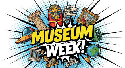 Museum Week Comic Style Banner with Historical Artifacts Illustration © Cendol