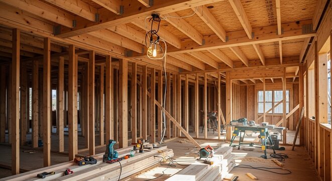 Interior Construction Site Wooden Framework of a Building Under Development.