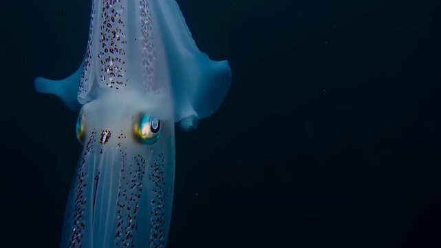 Close-up of a translucent squid with iridescent eyes in deep ocean water