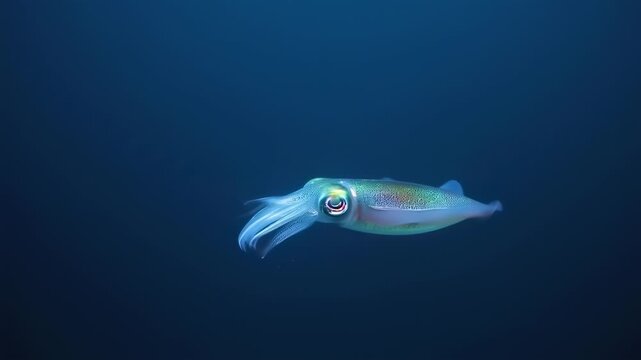 A luminous squid swims in the deep blue ocean