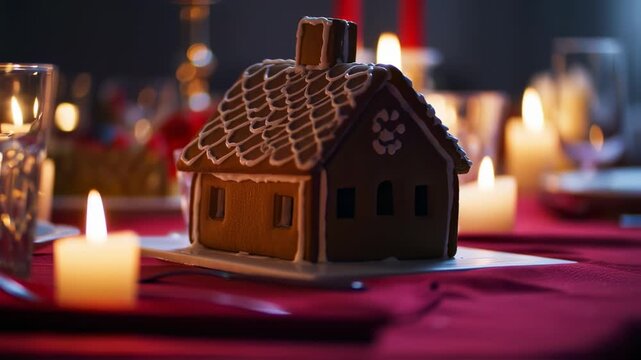 A gingerbread house sits on a table, surrounded by lit candles