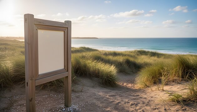 A blank wooden seaside information board standing on a sandy dune path leading to the ocean beach, perfect as a template for travel and coastal navigation concept