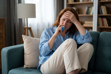 Obraz premium Sick woman sitting on a sofa using a nasal spray for congestion