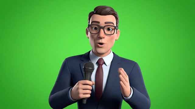 Animated male presenter in suit and glasses speaking into microphone on green screen background