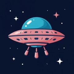 Obraz premium Pink and blue cartoon UFO flies in dark starry space. Spaceship with dome and landing legs hovers against night sky with planets and stars. Alien craft illustration.