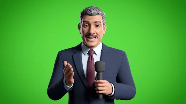 Animated male news anchor with microphone speaking on green screen background for broadcast or presentation