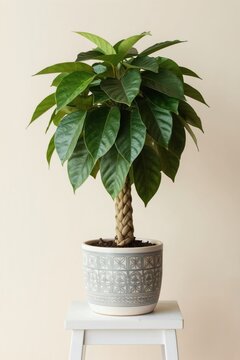 Braided trunk money tree plant in decorative pot. Rich green leaves grow from thick stem. Healthy indoor pachira aquatica adds natural decor.